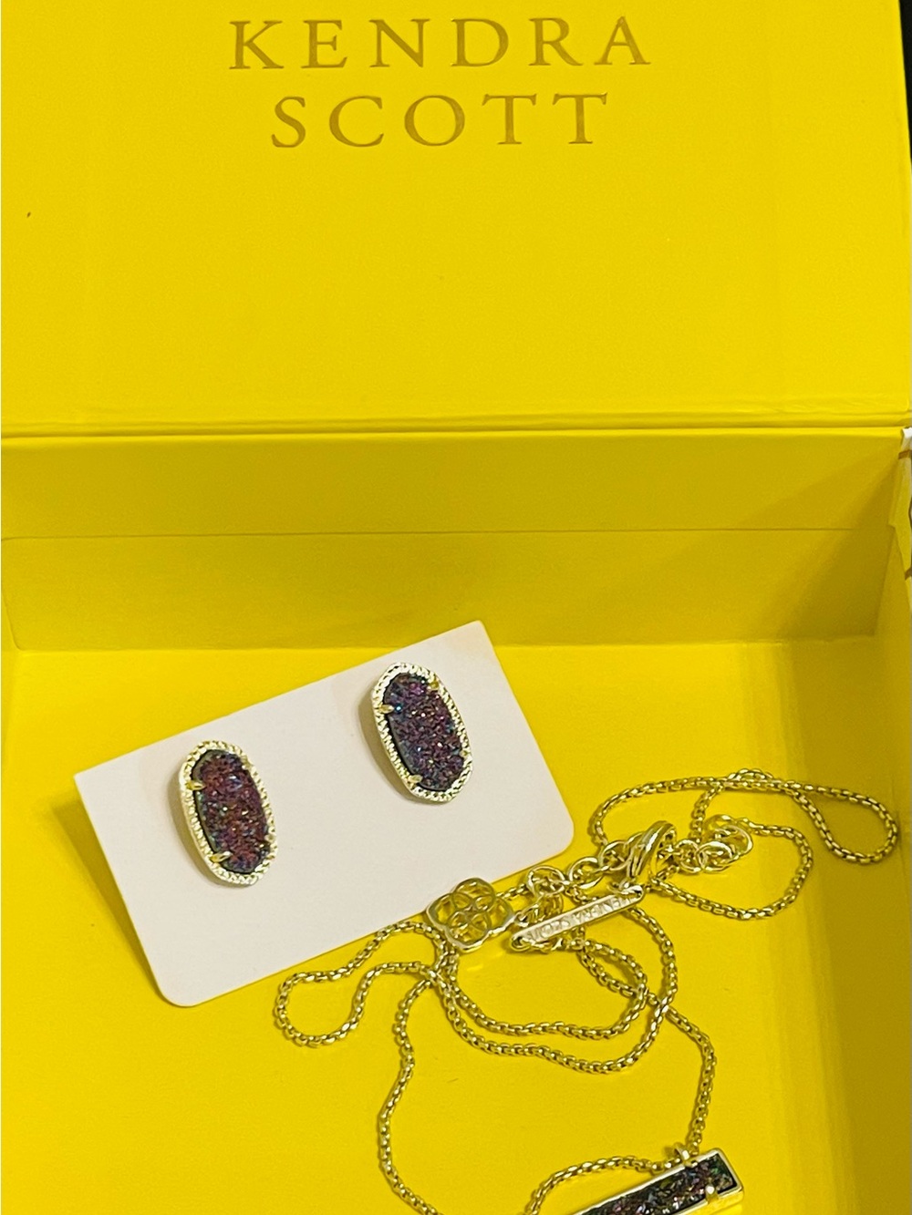 Kendra Scott Gold-Plated Purple Druzy Oval Stud Earrings and Necklace